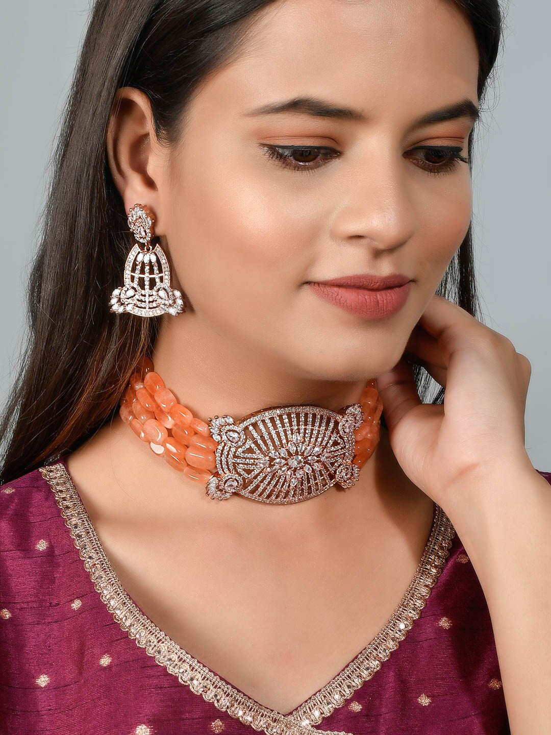 Silvermerc Designs Gold-Plated & Peach Stone Studded Choker Jewellery Set