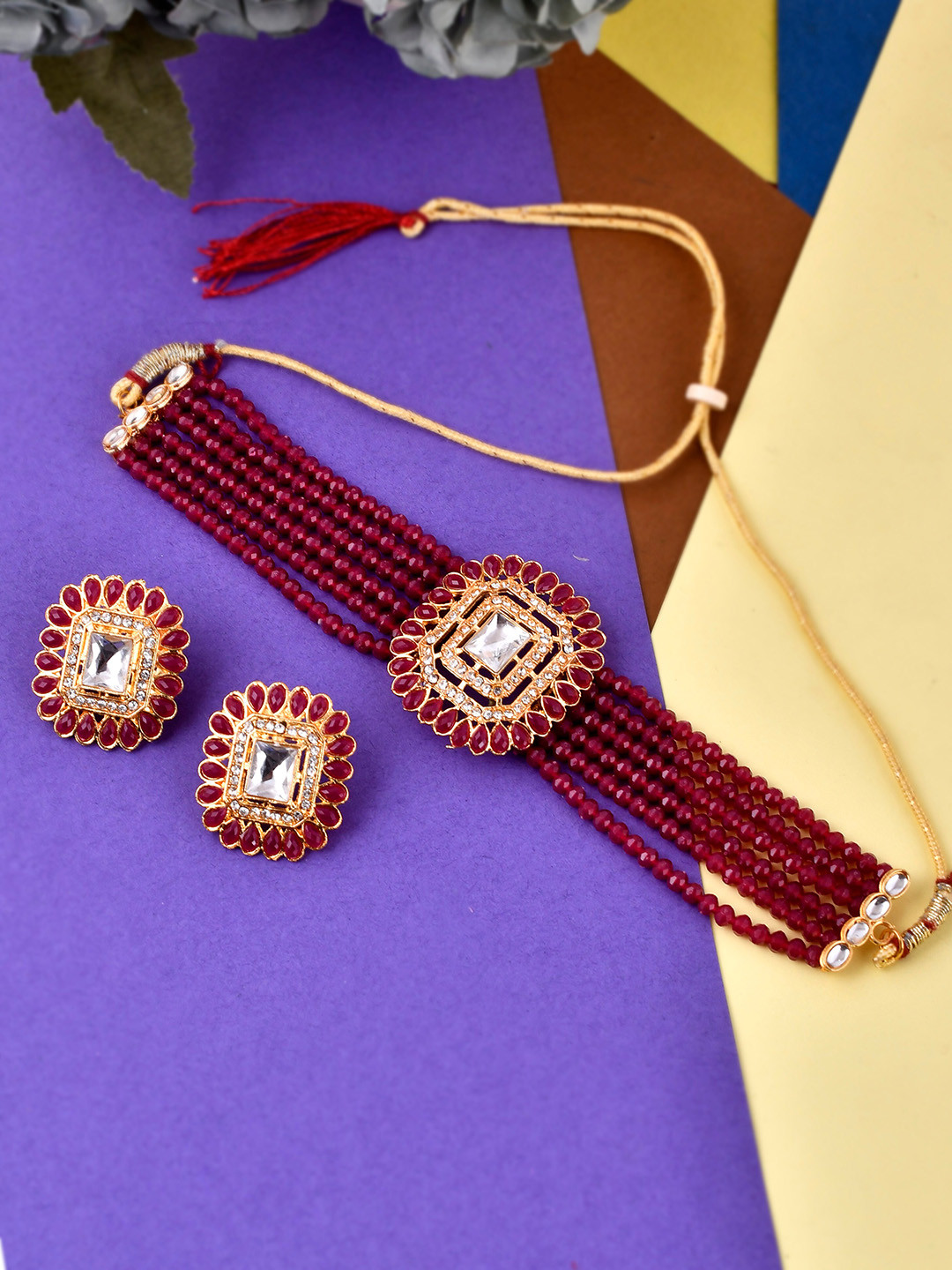 Silvermerc Designs Gold-Plated White & Red AD-Studded & Beaded Jewellery Set