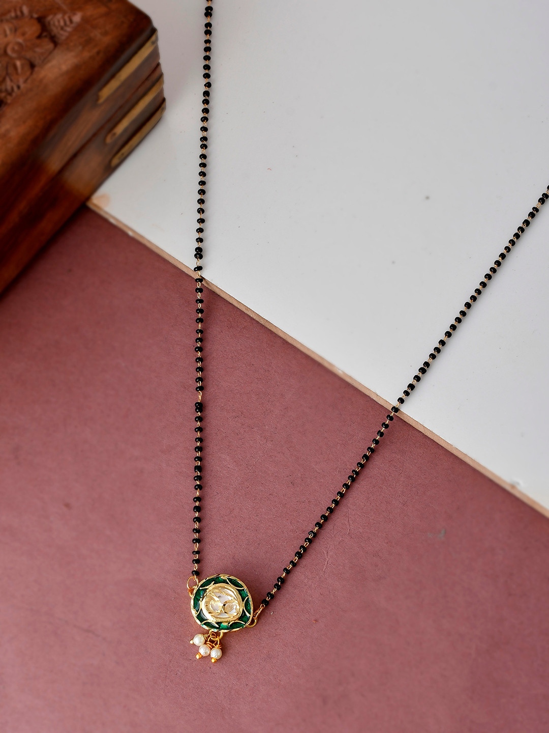 Silvermerc Designs Gold-Plated Black & Green Kundan-Studded & Beaded Mangalsutra