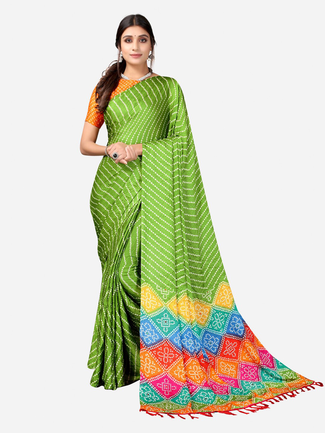 SIRIL Green & Yellow Leheriya Silk Blend Leheriya Saree