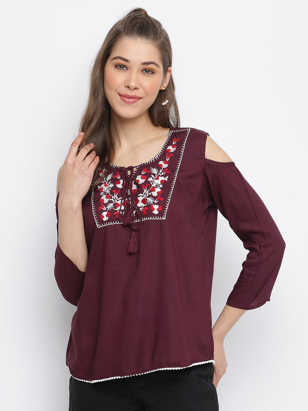 Mayra Brown & White Floral Embroidered Tie-Up Neck Top