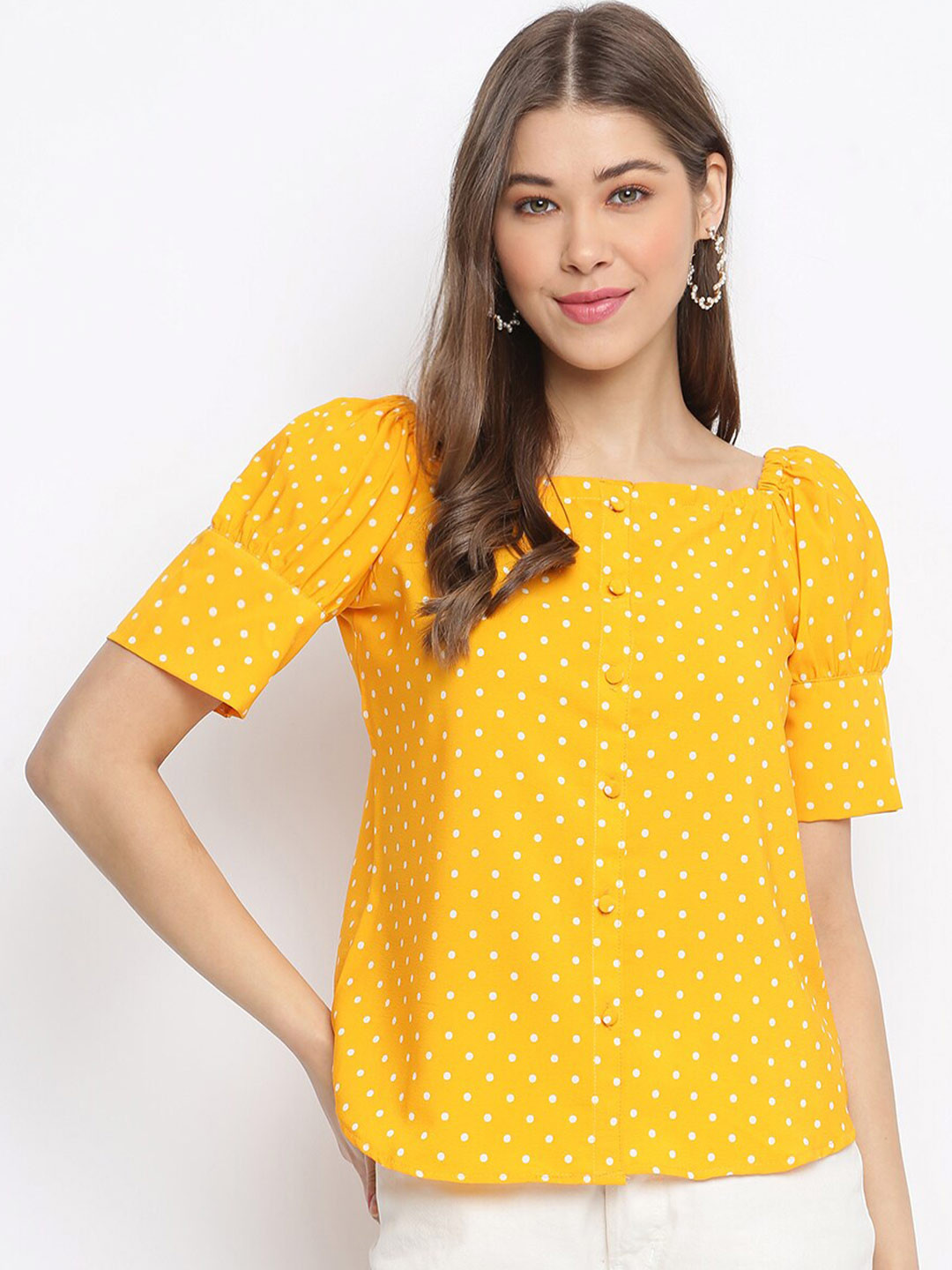 Mayra Yellow & White Printed Polka Dots Crepe Top