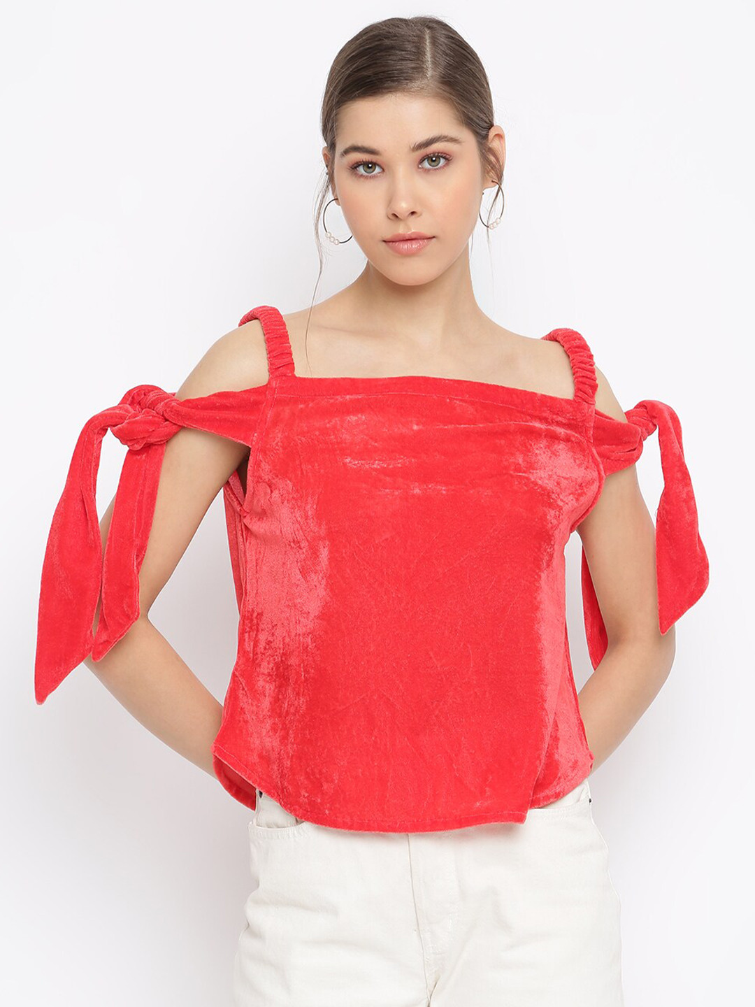 Mayra Red Velvet Bardot Top