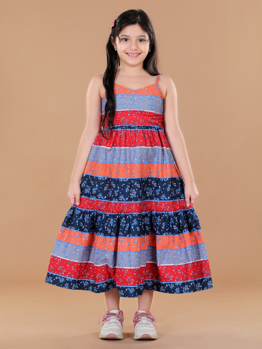 StyleStone Blue & Red Striped Cotton Midi Dress