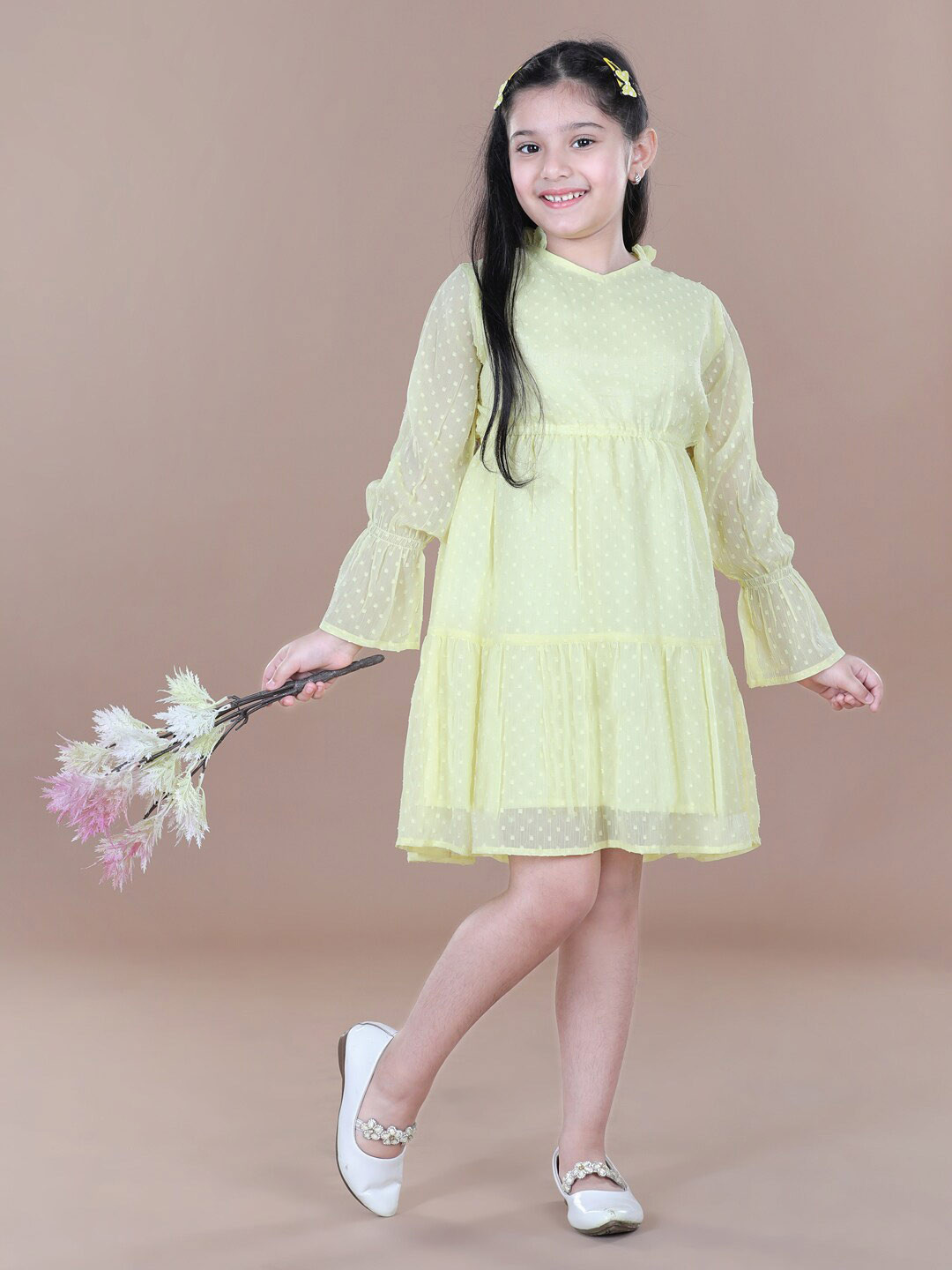 StyleStone Girls Yellow Layered Crepe A-Line Dress