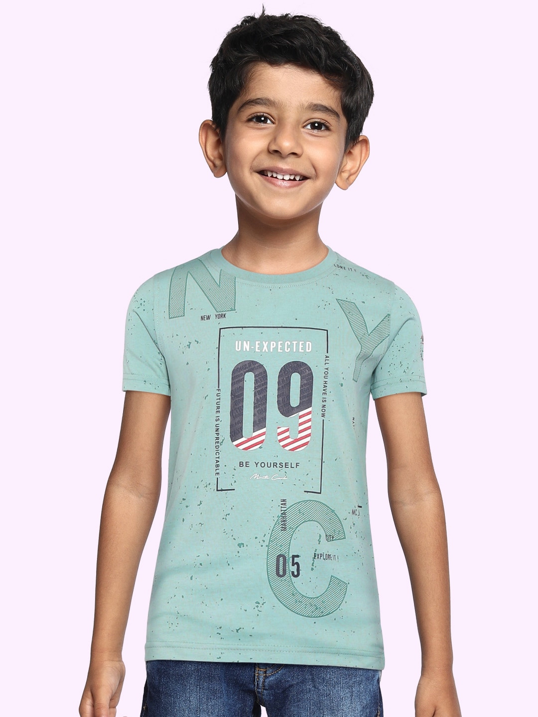 Monte Carlo Boys Sage Green & Black Typography Printed Pure Cotton T-shirt