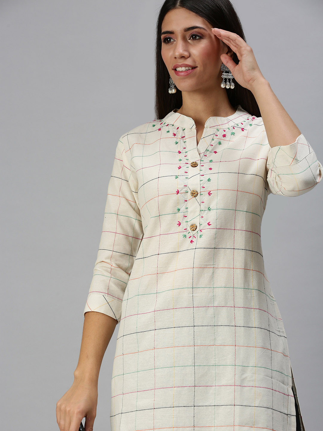 SHOWOFFFF Women Cream-Coloured & Green Checked Cotton Straight Kurta