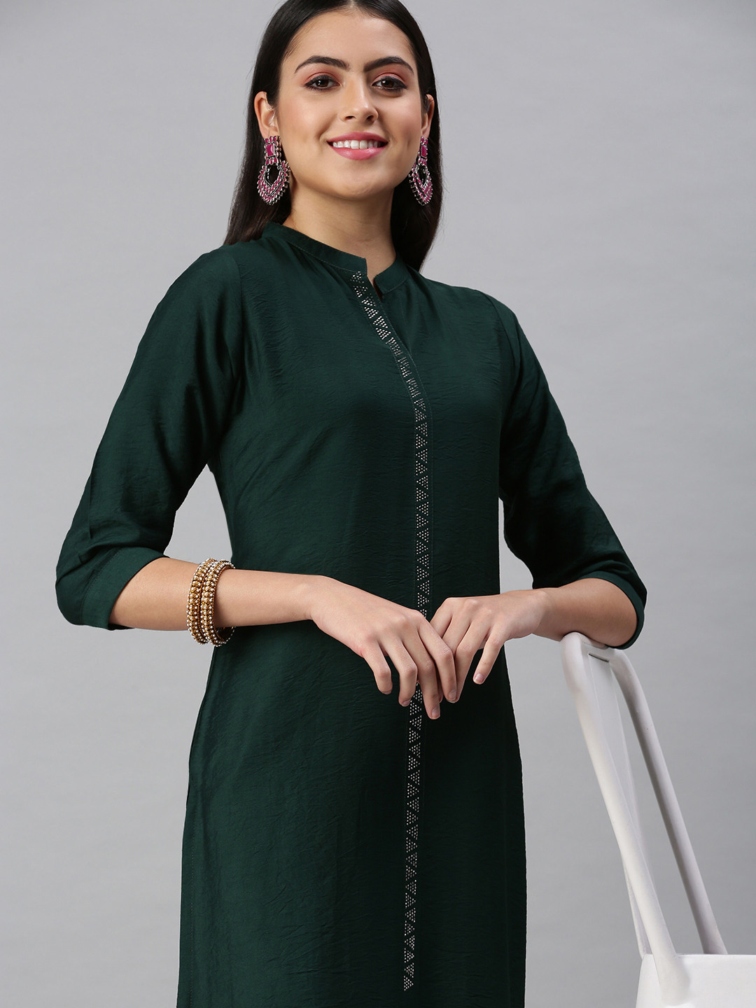 SHOWOFF Women Teal Green Kurta With Embellished Detail