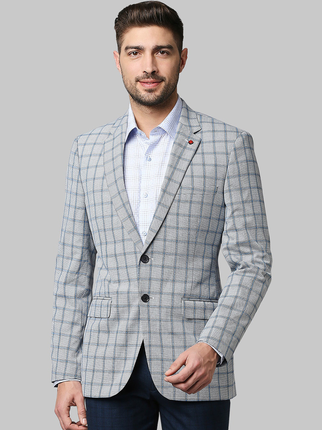 Raymond Men Grey & Blue Checked Single Breasted Formal Blazer