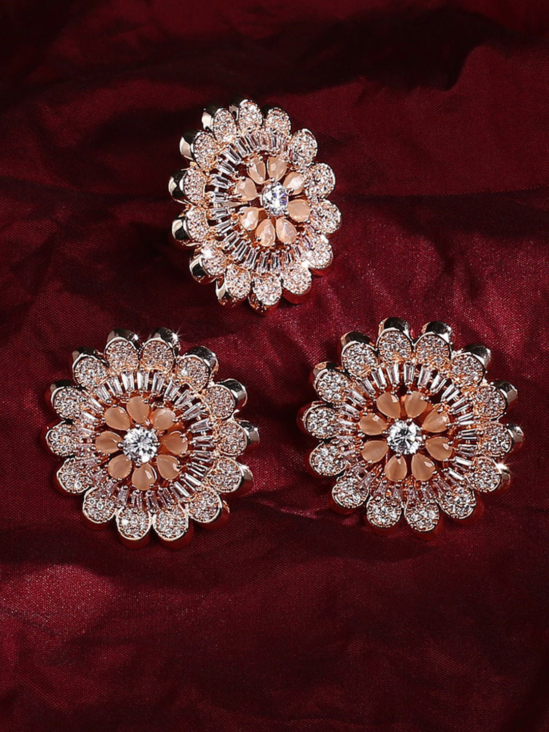 justpeachy Gold-Plated Peach-Colored AD Stone-Studded Jewellery Set