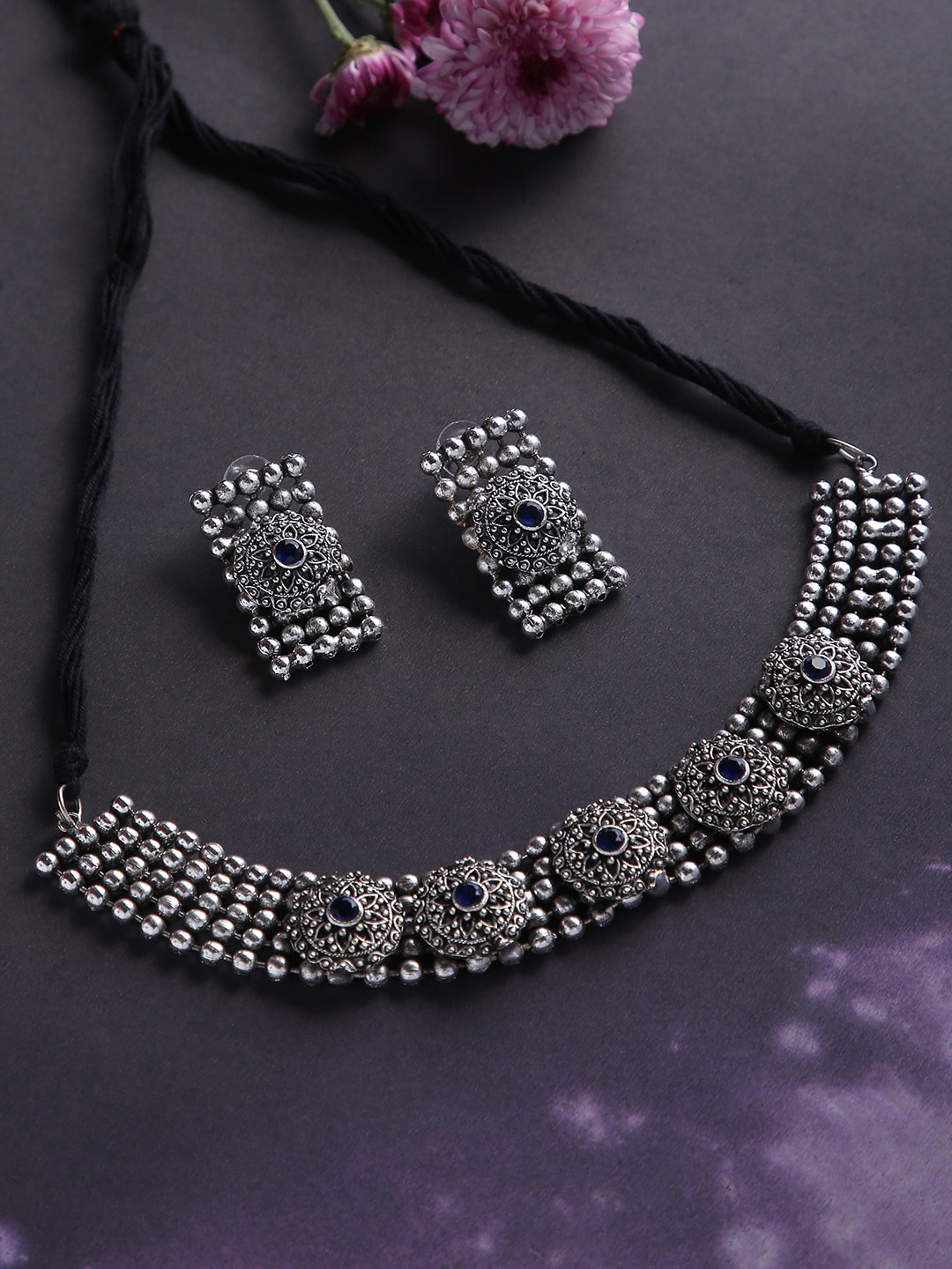 justpeachy Women Silver-Toned Blue Stone-Studded Jewellery Set
