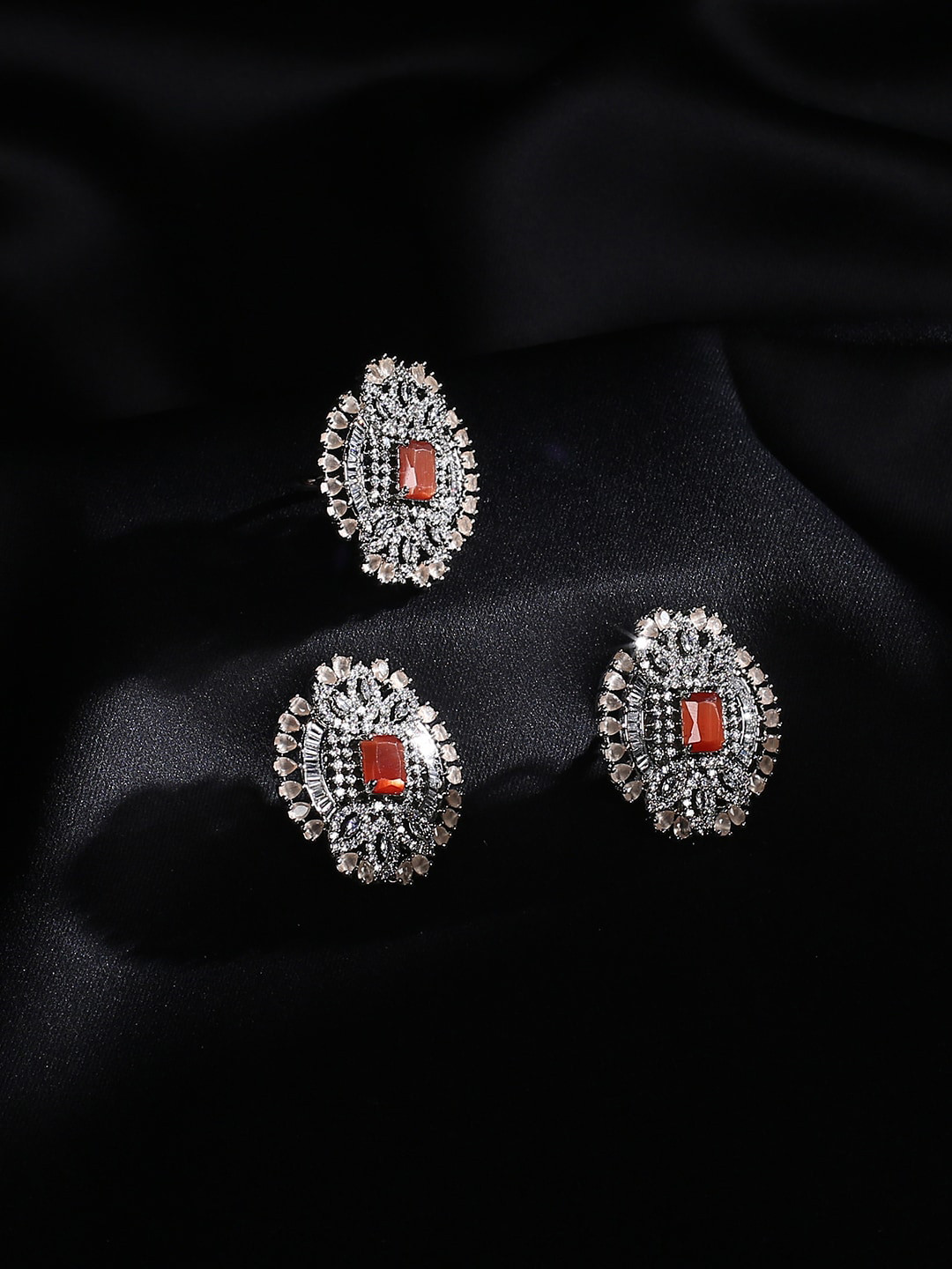 justpeachy Silver-Plated Orange AD Stone-Studded Jewellery Set