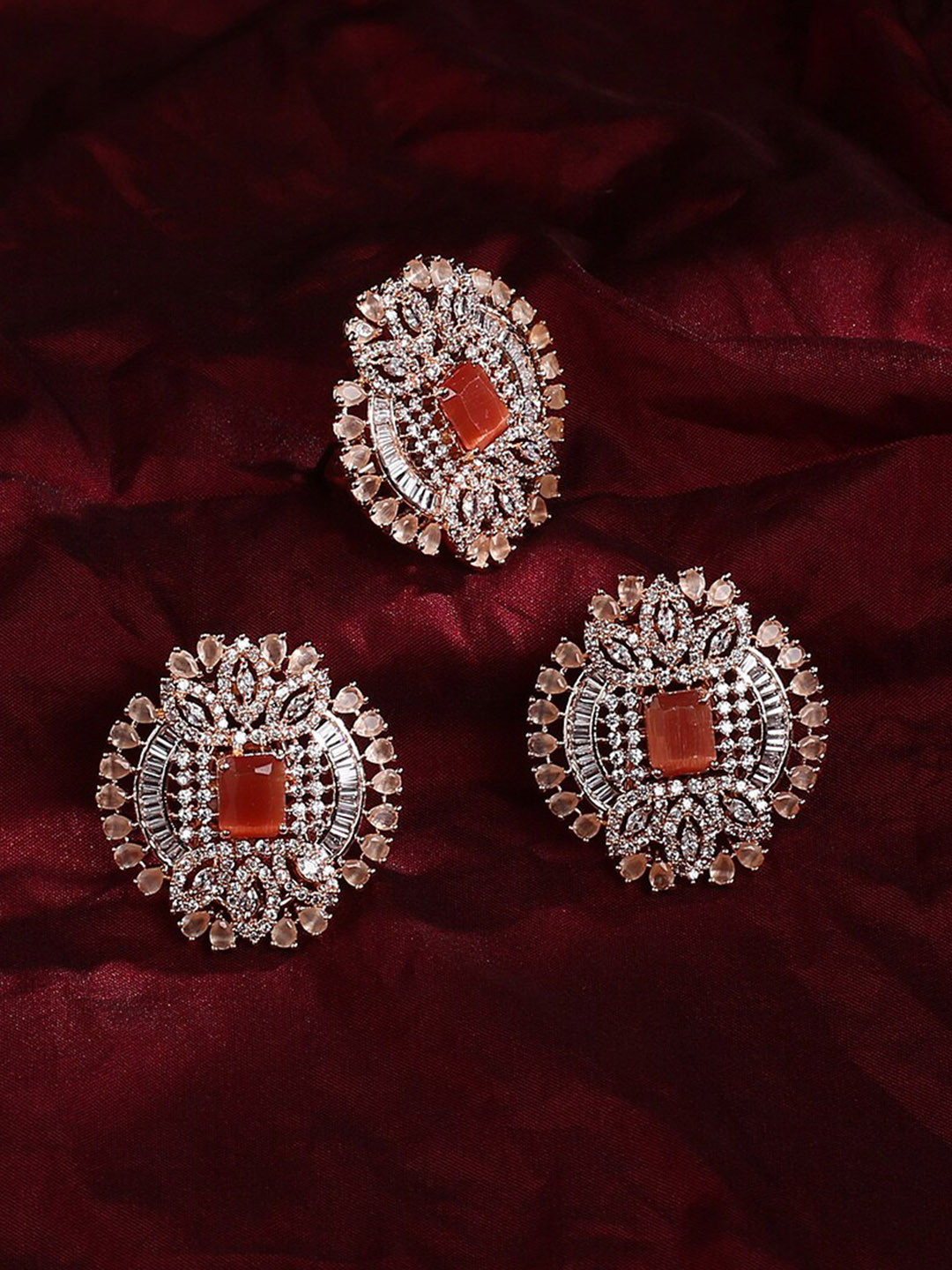 justpeachy Gold-Plated Orange & White AD-Studded Finger Ring & Earrings Set