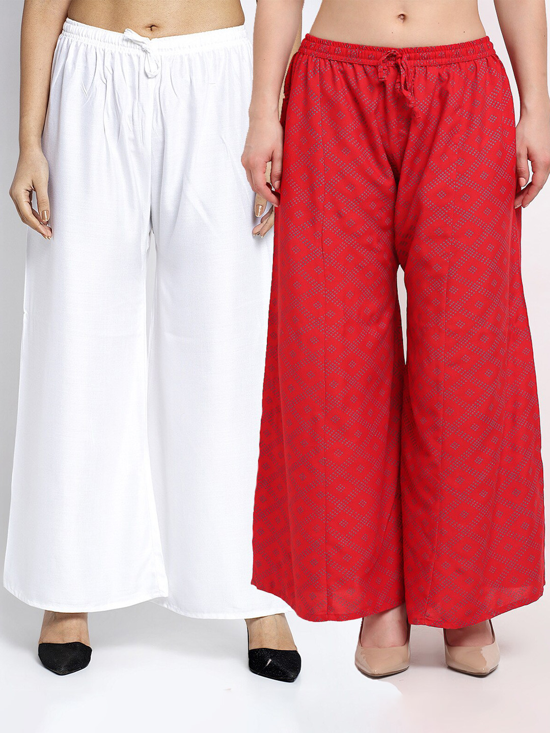 Jinfo Women Pack Of 2 White & Red Block Printed & Plain Palazzo