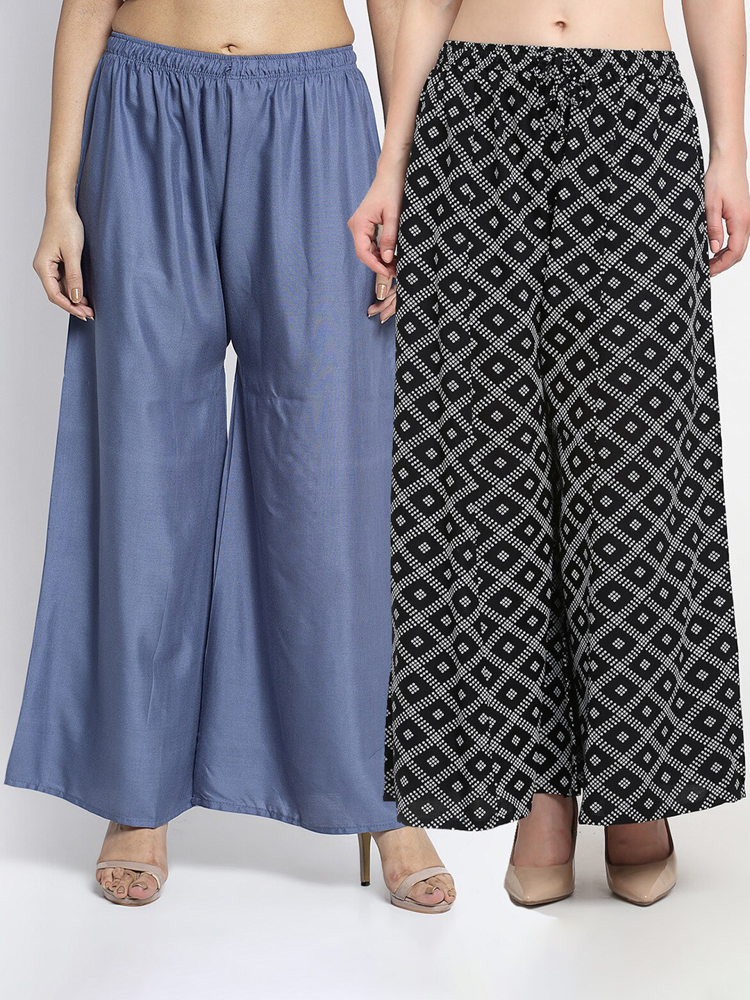 Jinfo Women Pack of 2 Grey & Black Printed Flared Knitted Ethnic Palazzos
