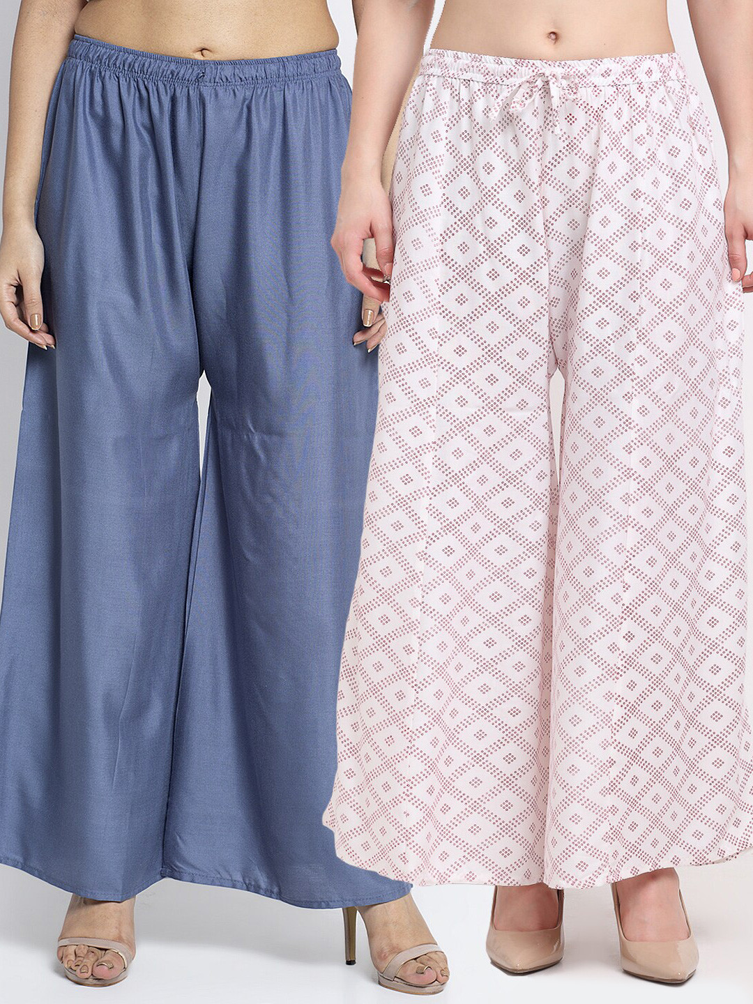 Jinfo Women Pack Of 2 Grey & White Block Printed & Plain Palazzo