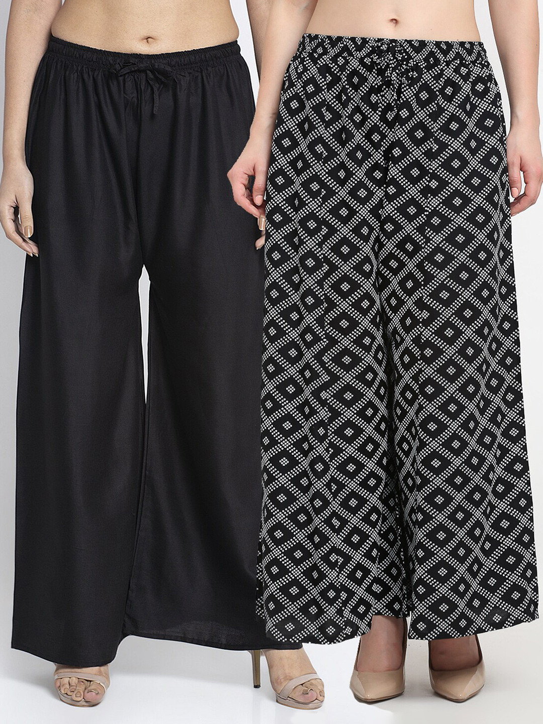 Jinfo Women Pack Of 2 Black & White Block Printed & Plain Palazzo