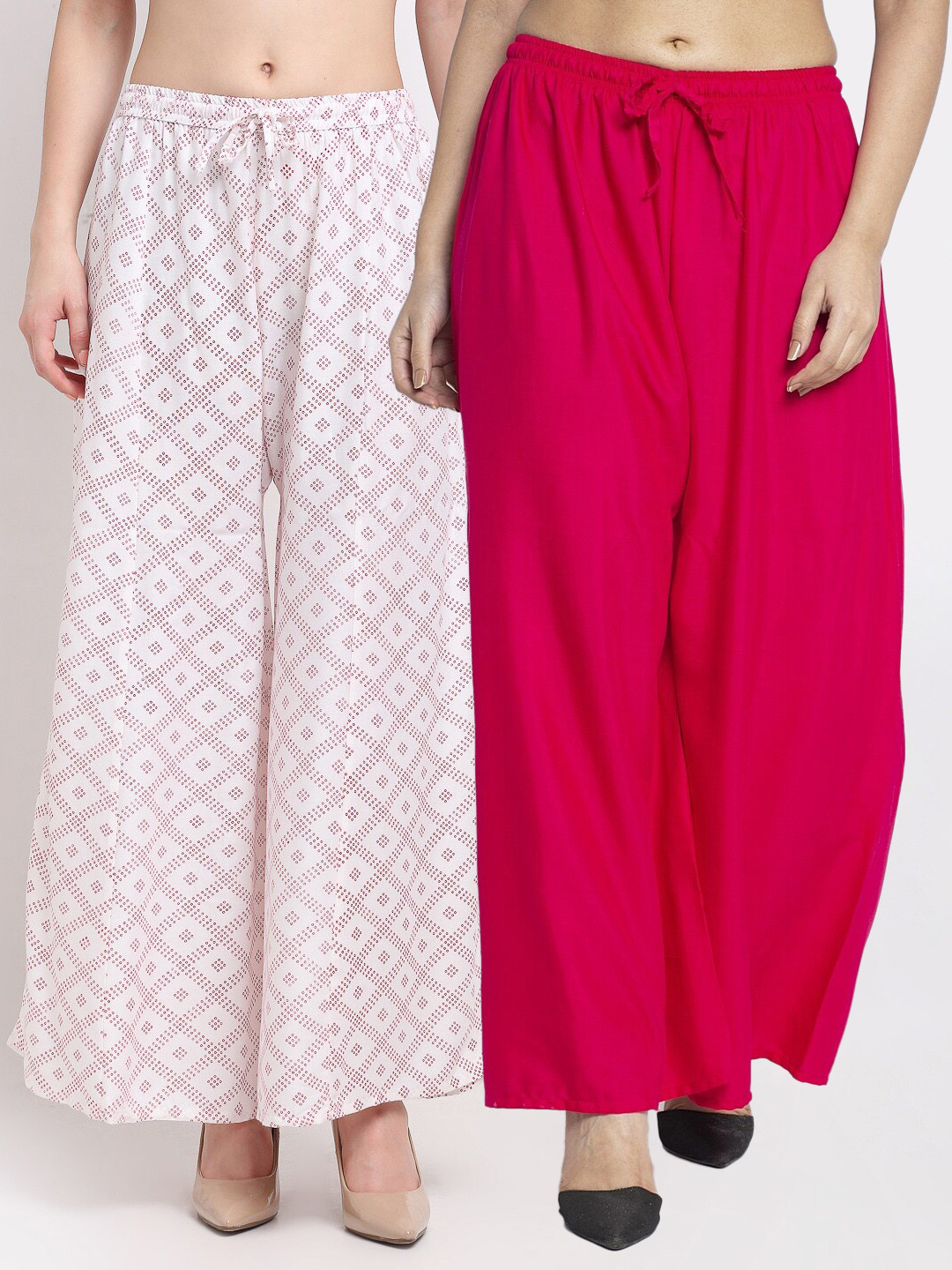 Jinfo Women Pack Of 2 Pink & White Block Printed & Plain Palazzo