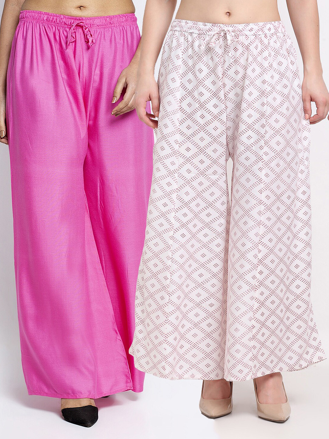 Jinfo Women Pack Of 2 Pink & White Block Printed & Plain Palazzo