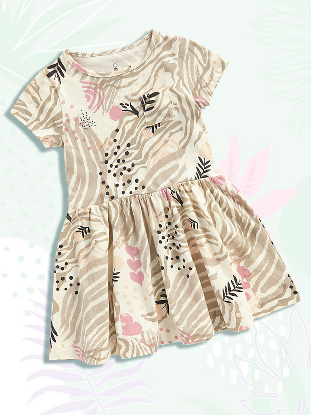 mothercare Girls Cream-Coloured Printed Pure Cotton Fit & Flare Dress