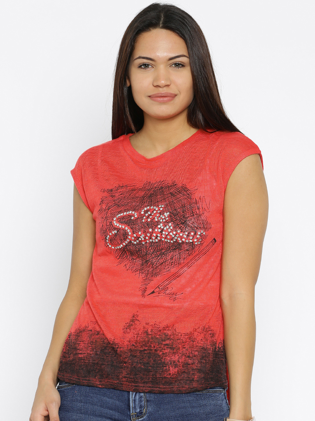 Deal Jeans Women Coral Red Studded Top