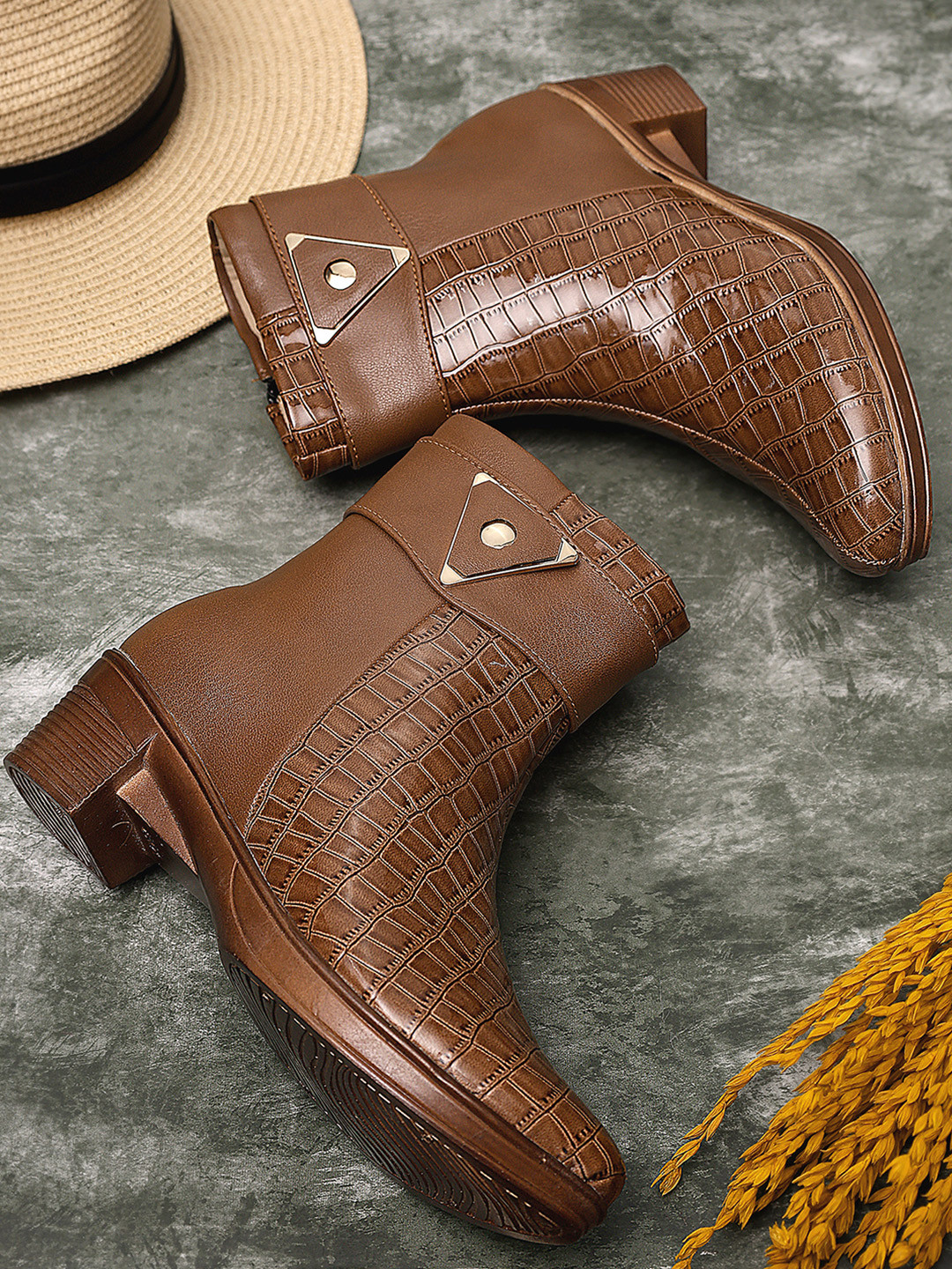 TRASE Brown Textured Block Heeled Boots with Buckles