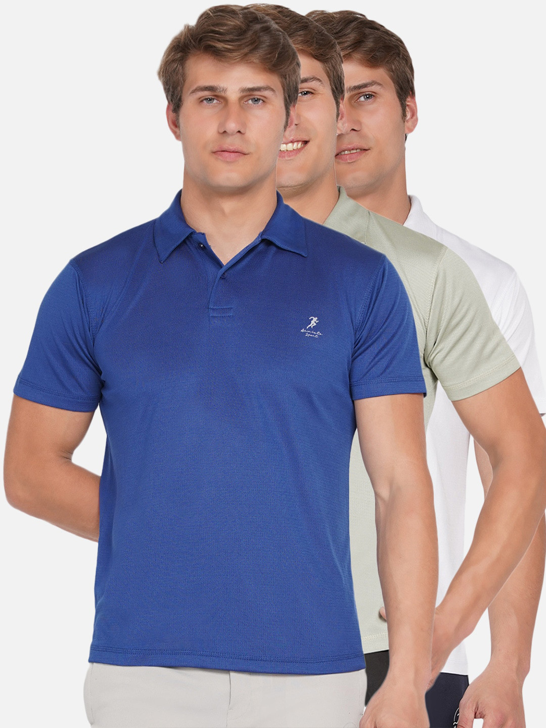 ARMISTO Men Pack Of 3 Blue & Green Polo Collar Dri-FIT Training or Gym T-shirt