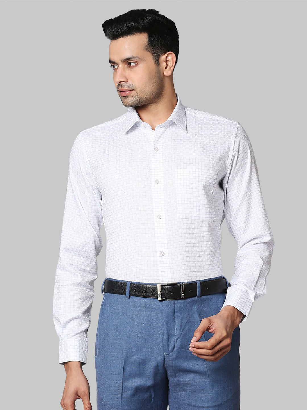 Raymond Men Blue Micro Checked Regular Fit Cotton Formal Shirt