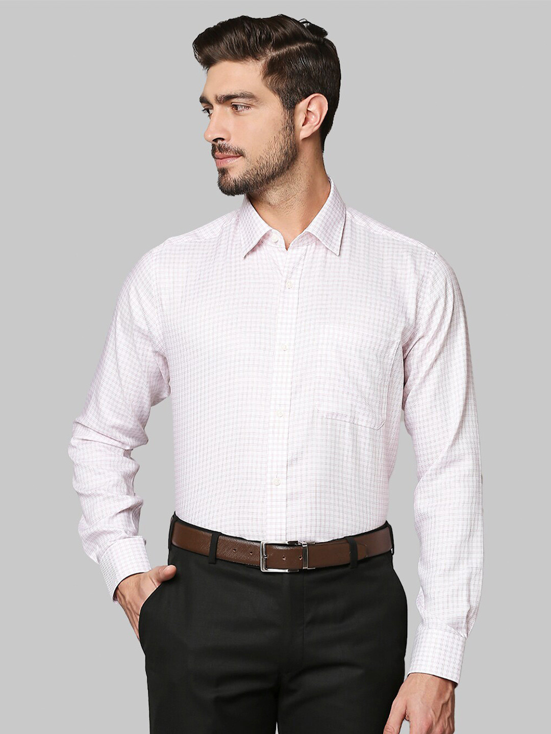 Raymond Men Red Grid Tattersall Checks Checked Regular Fit Cotton Formal Shirt