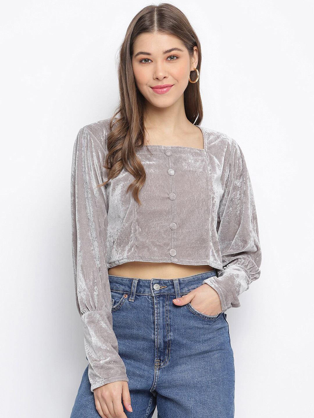Mayra Grey Velvet Crop Top