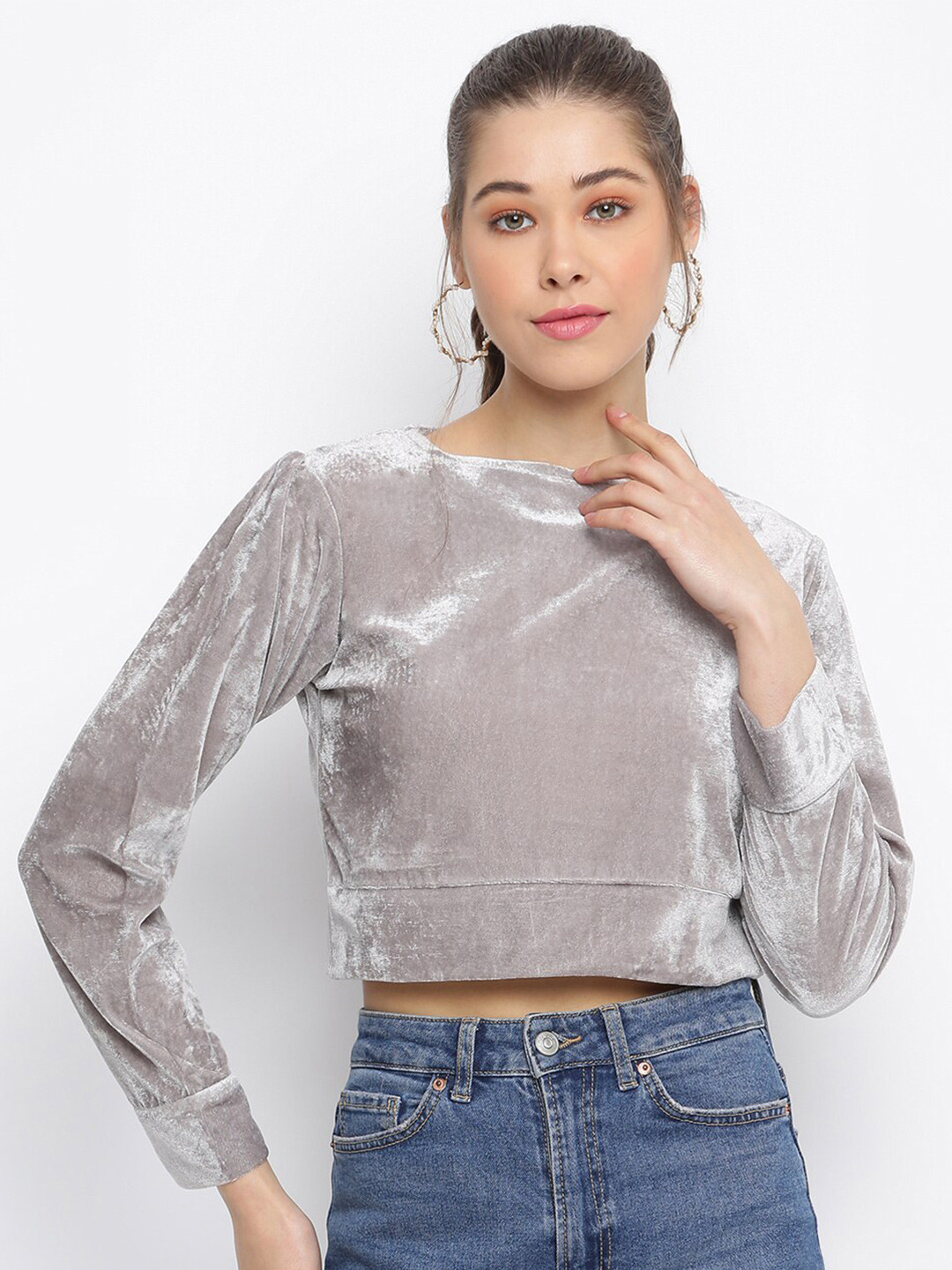 Mayra Grey Solid Velvet Long Sleeve Crop Top