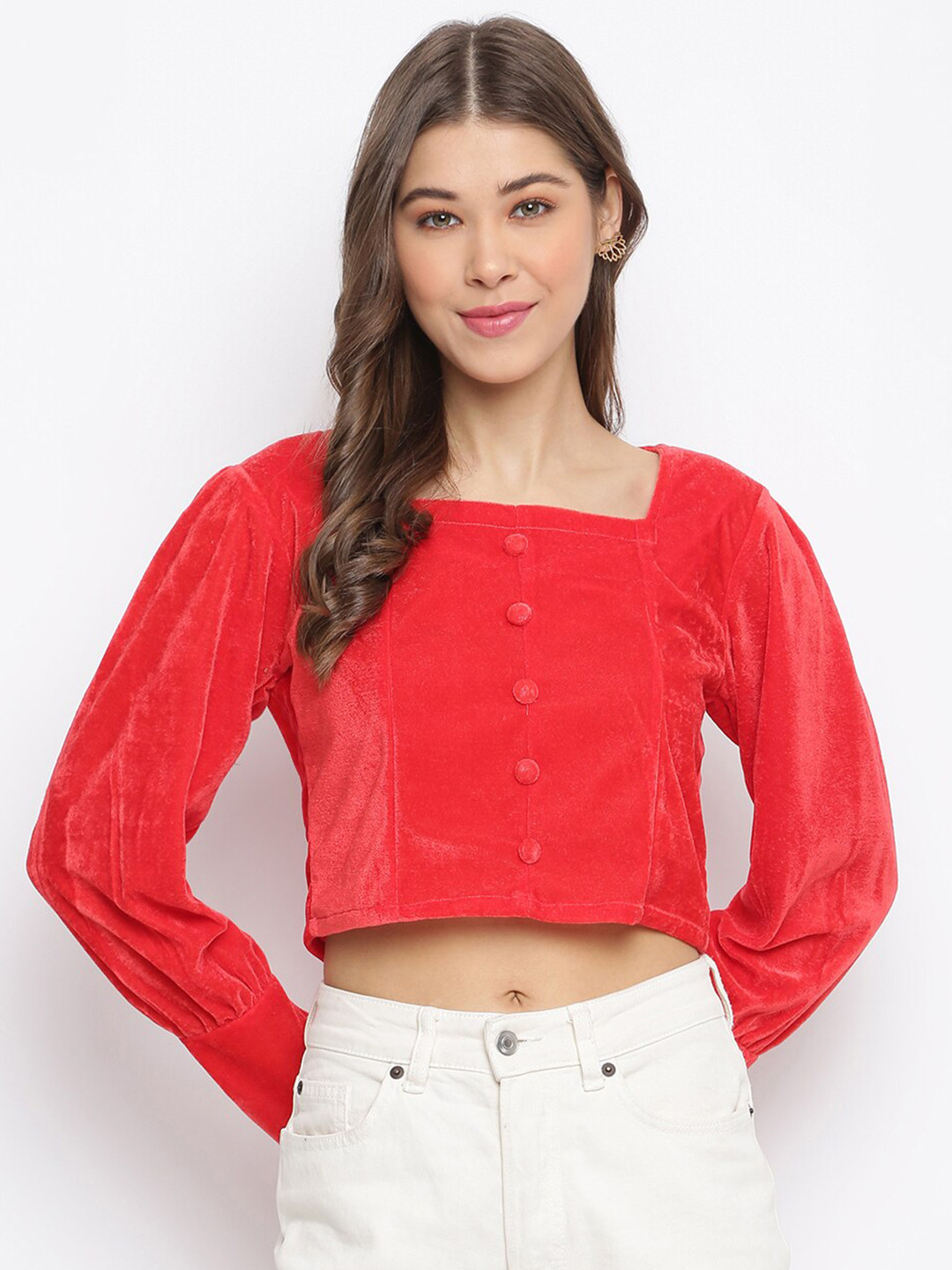 Mayra Red Velvet Crop Top with Square Neck and Cuffed Sleeves