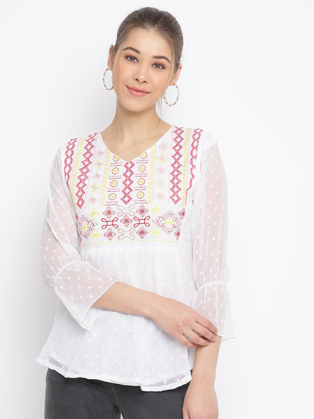 Mayra White & Red Embroidered Georgette Top