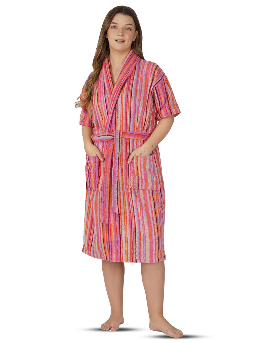 RANGOLI Pinstripe White Striped Cotton Drawstring Midi Bath Robe with Pair Slipper