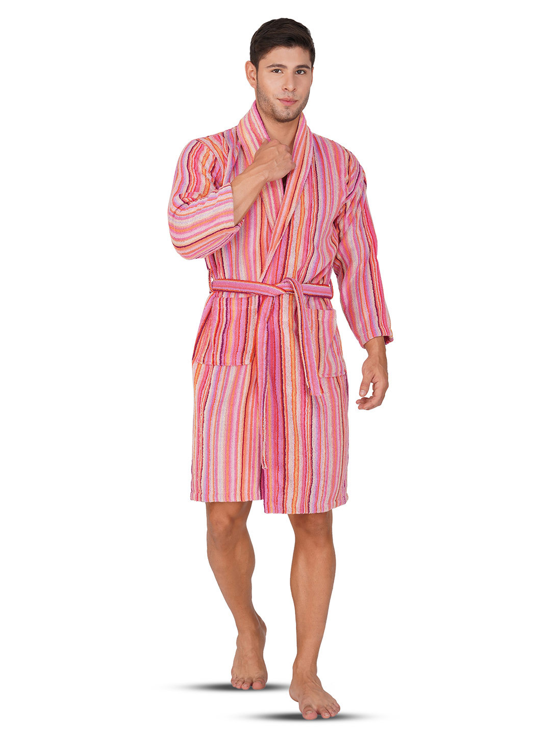 RANGOLI Pinstripe Striped Cotton Drawstring Knee Length Bath Robe with Pair Slipper