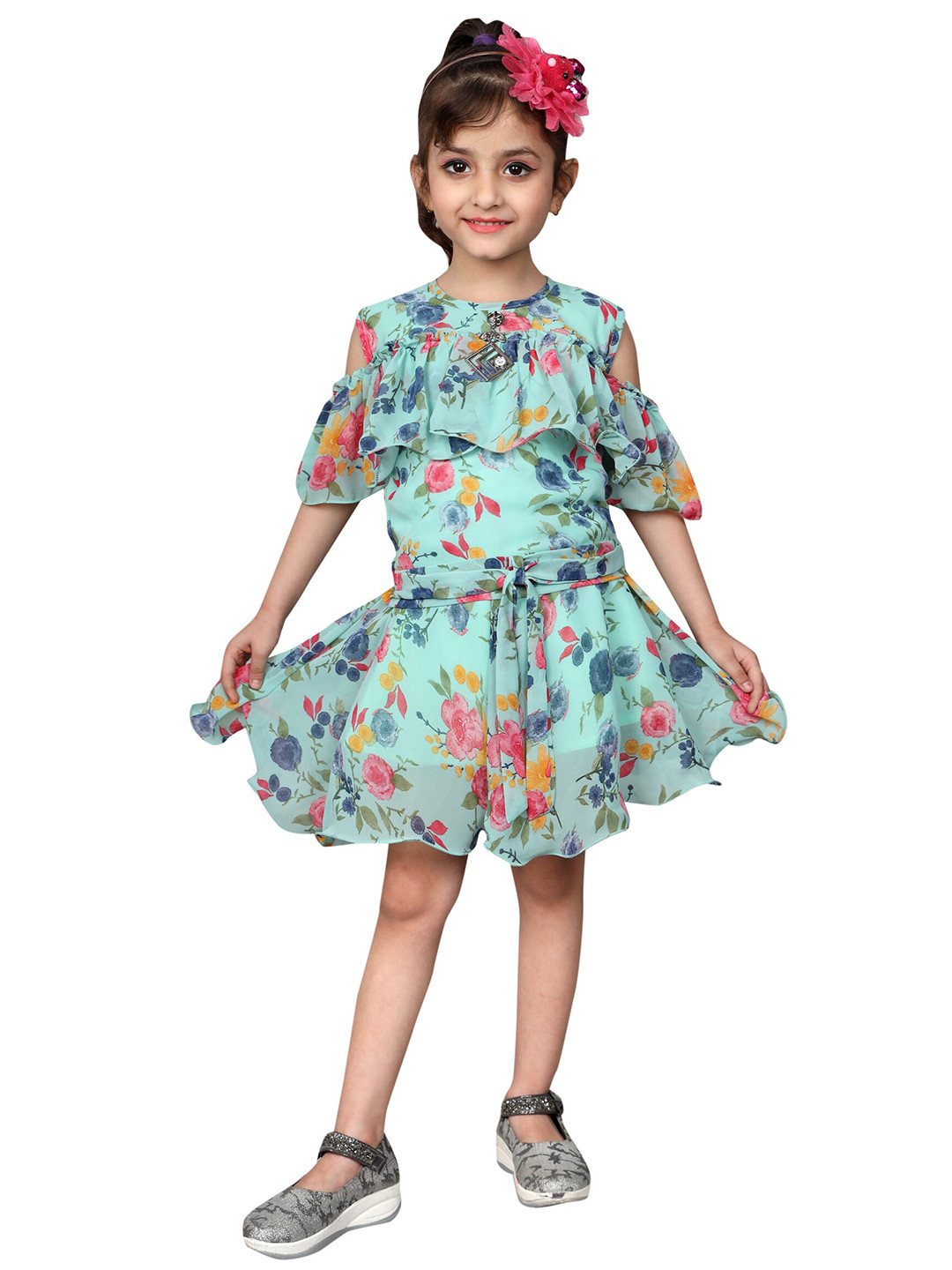 SKY HEIGHTS Girls Green Printed Top with Skirt