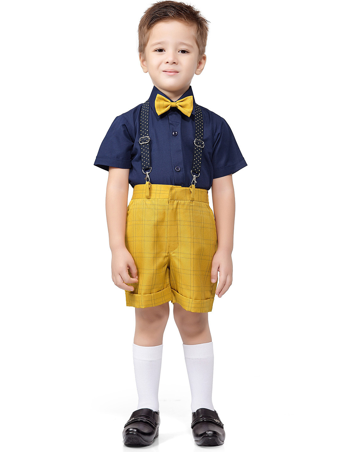Jeetethnics Boys Yellow & Blue Shirt with Shorts With Bow Tie