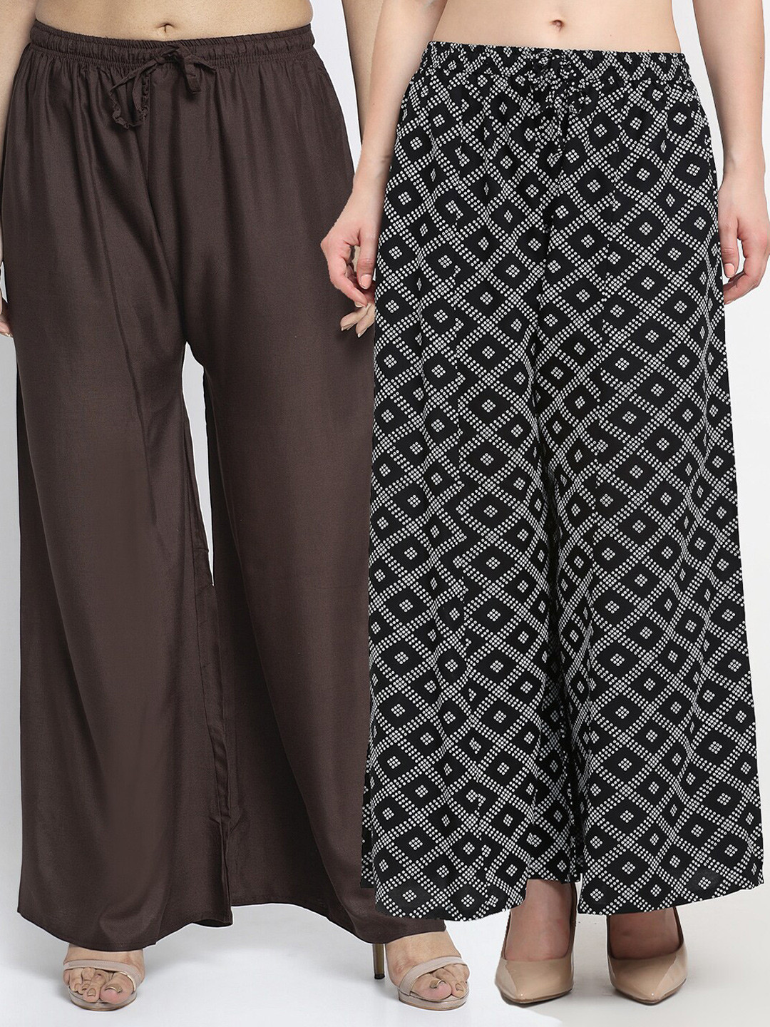GRACIT Women Pack of 2 Brown & Black Printed Flared Knitted Ethnic Palazzos