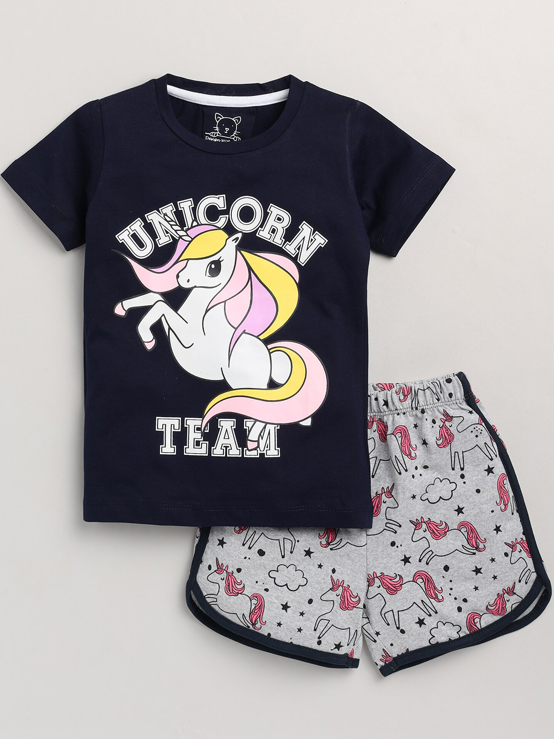 Lazy Shark Girls Navy Blue & Grey Printed T-shirt with Shorts