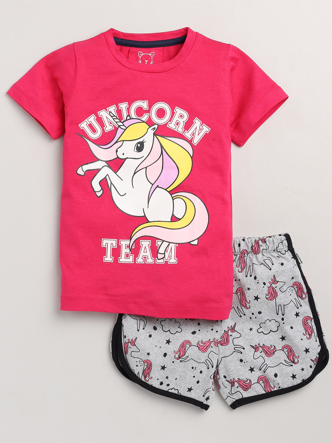 Lazy Shark Girls Pink & Grey Printed T-shirt with Shorts