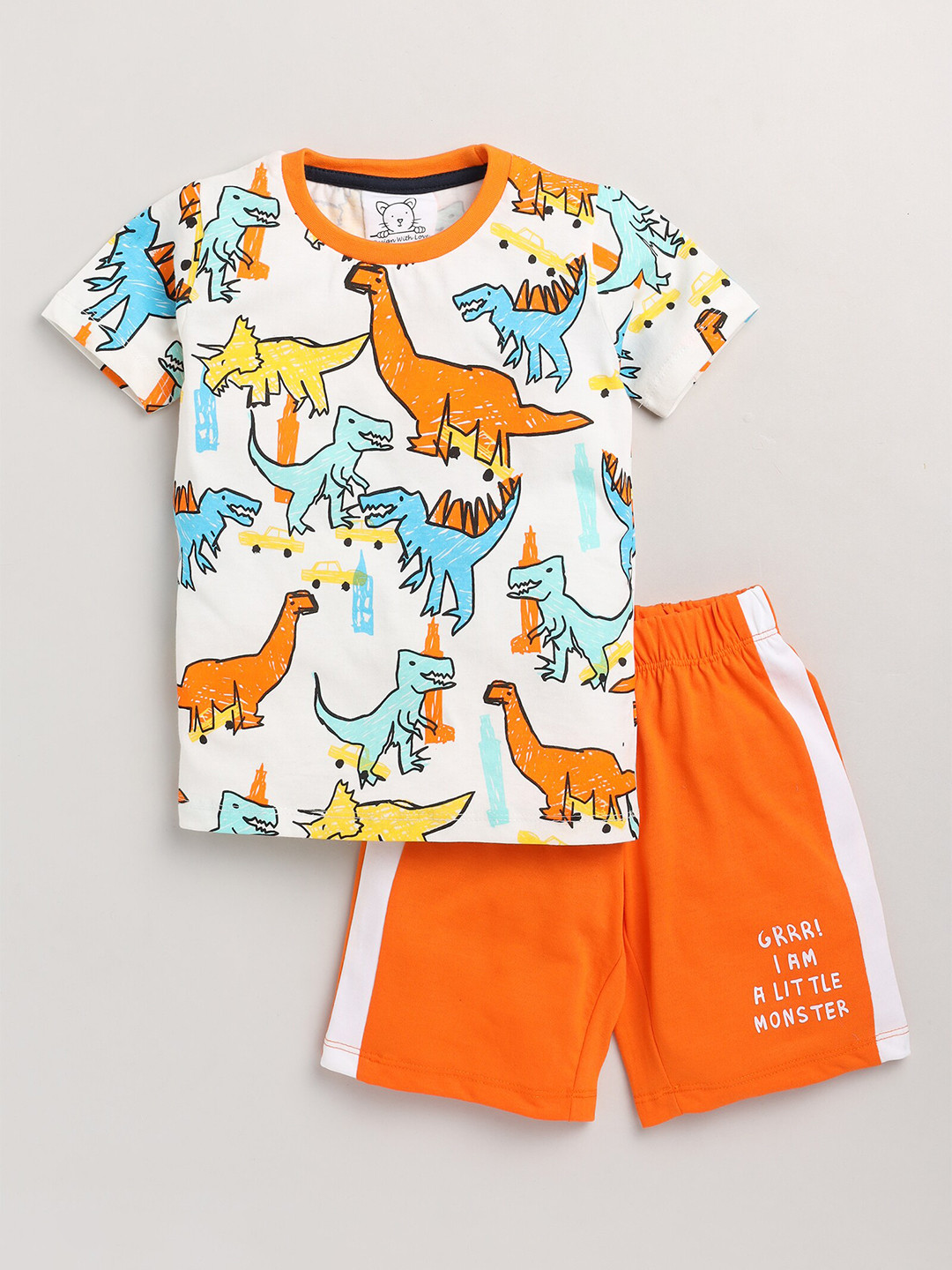 Lazy Shark Boys White & Orange Printed T-shirt with Shorts