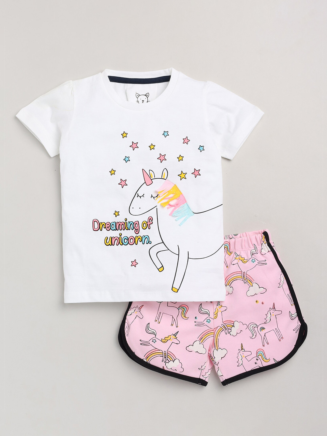 Lazy Shark Girls White & Pink Printed T-shirt with Shorts