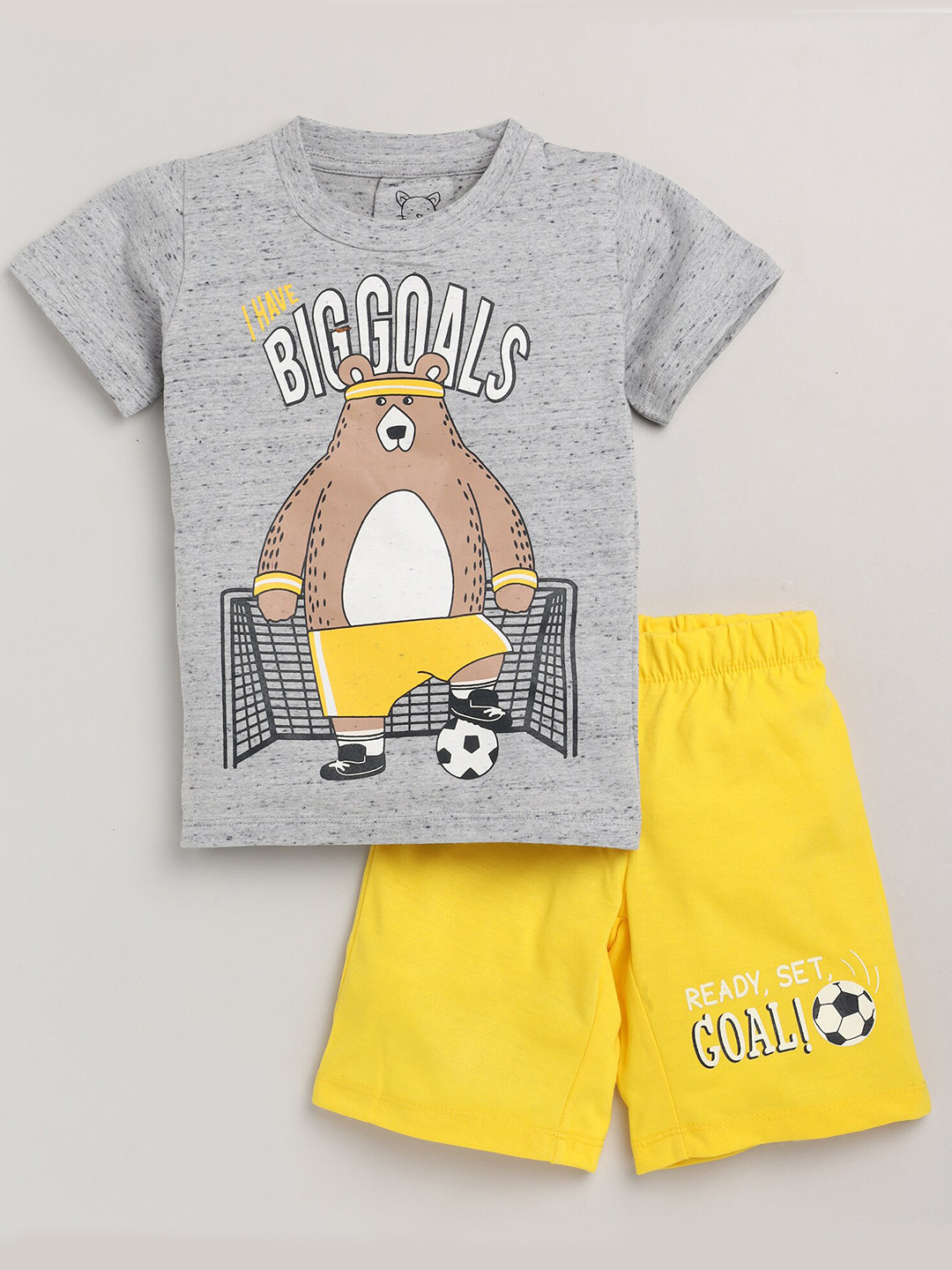 Lazy Shark Boys Grey & Yellow Printed T-shirt with Shorts