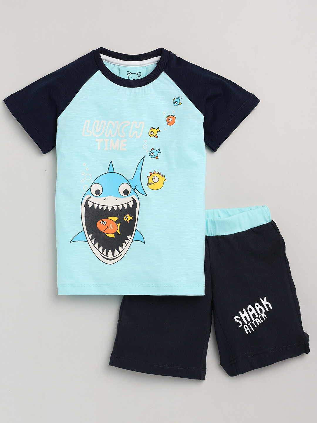 Lazy Shark Boys Navy Blue Graphic Printed T Shirt with Shorts