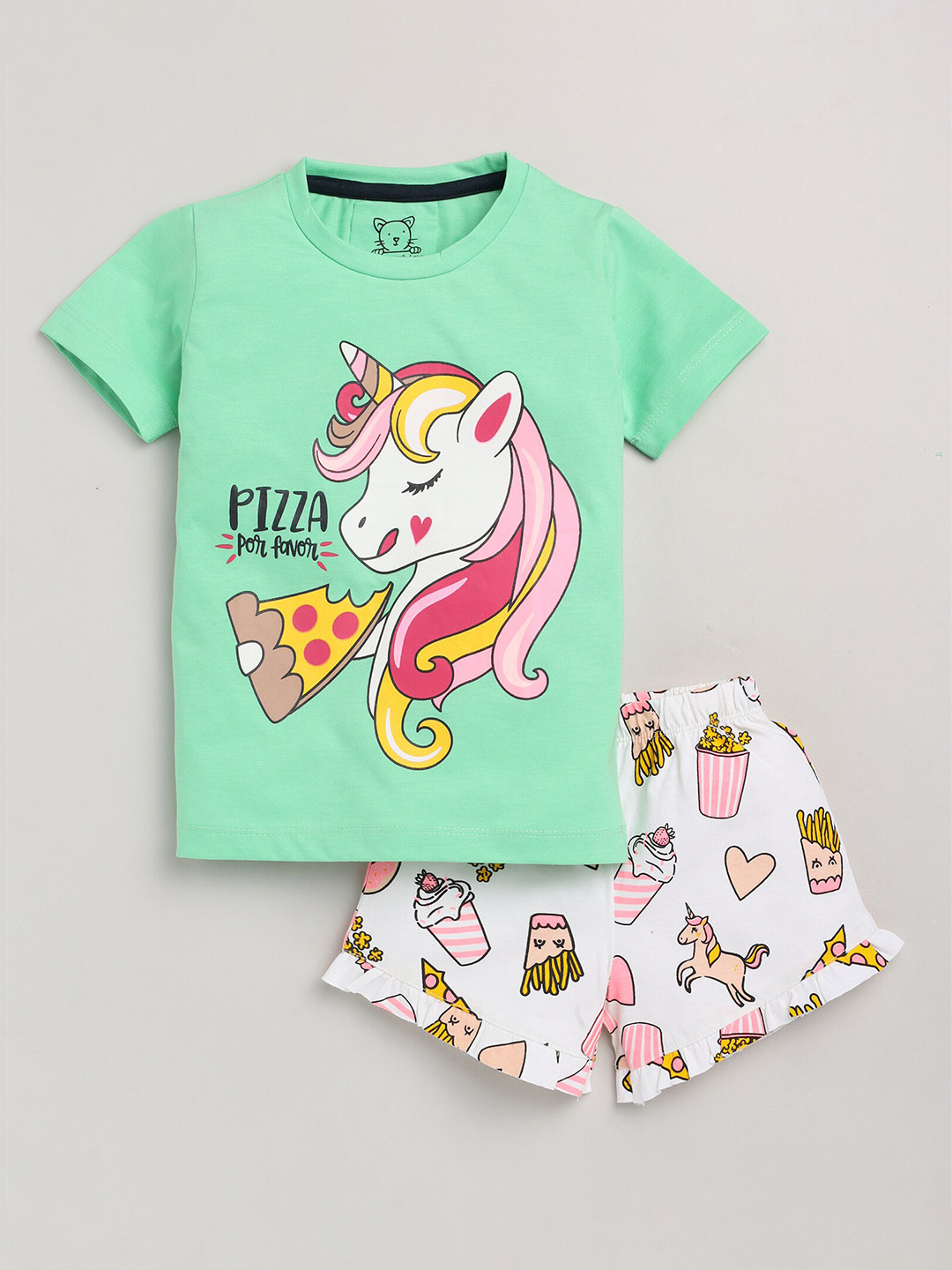 Lazy Shark Girls Green & White Printed T-shirt with Shorts