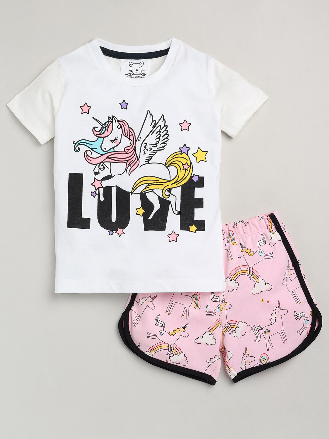 Lazy Shark Girls White & Pink Printed T-shirt with Shorts