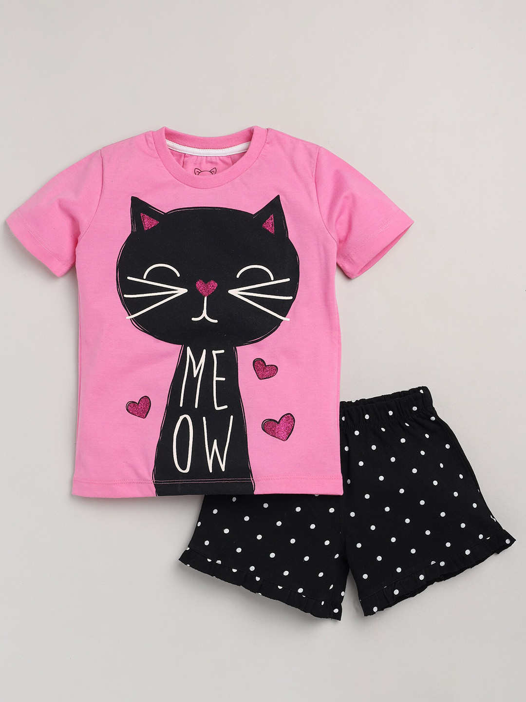 Lazy Shark Girls Pink & Black Printed T-shirt with Shorts Clothing Set