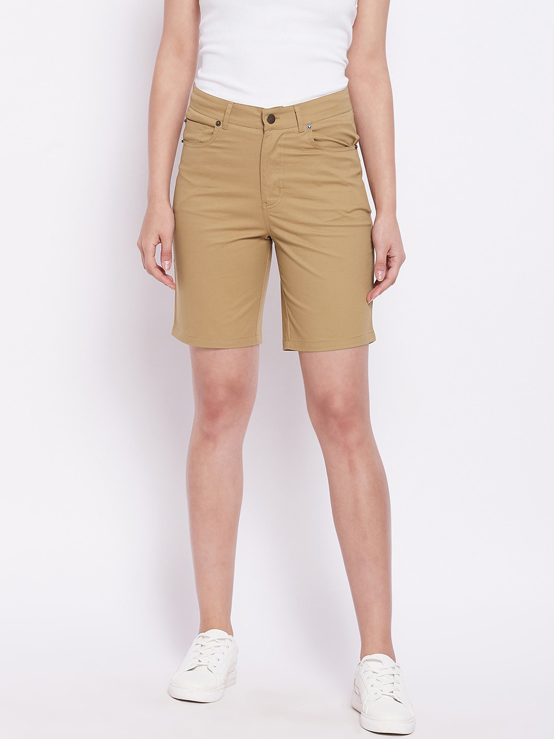 Hypernation Women Khaki Slim Fit High-Rise Shorts