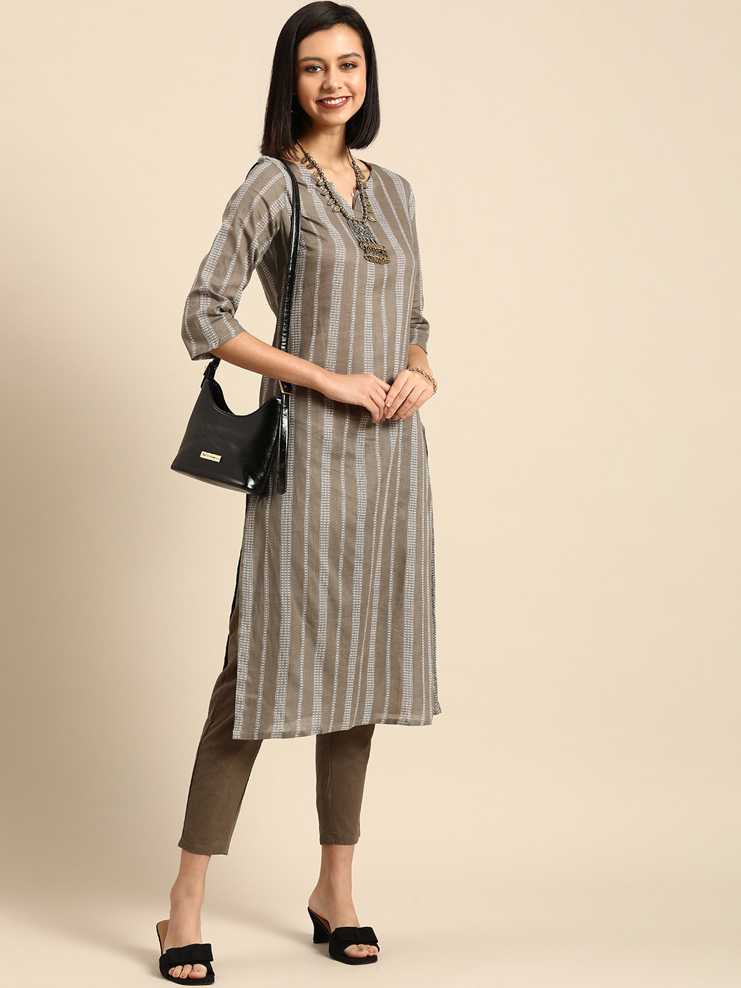 Anouk Women Grey Printed  Cotton Kurta with Trousers