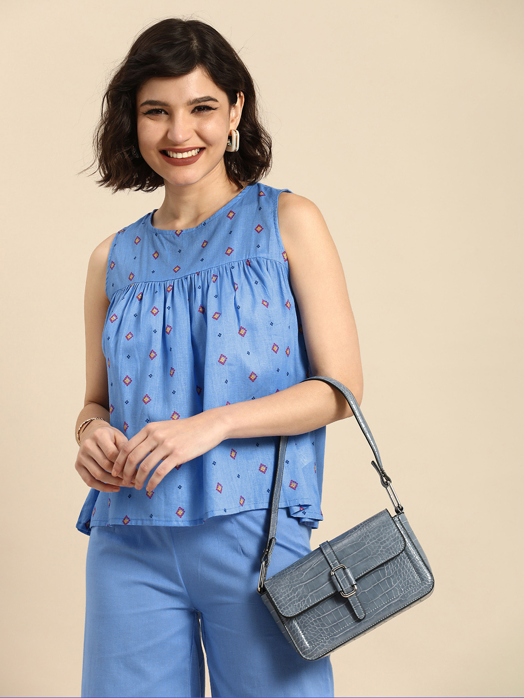 Anouk Women Blue Printed Empire Pure Cotton Top with Cropped Trousers
